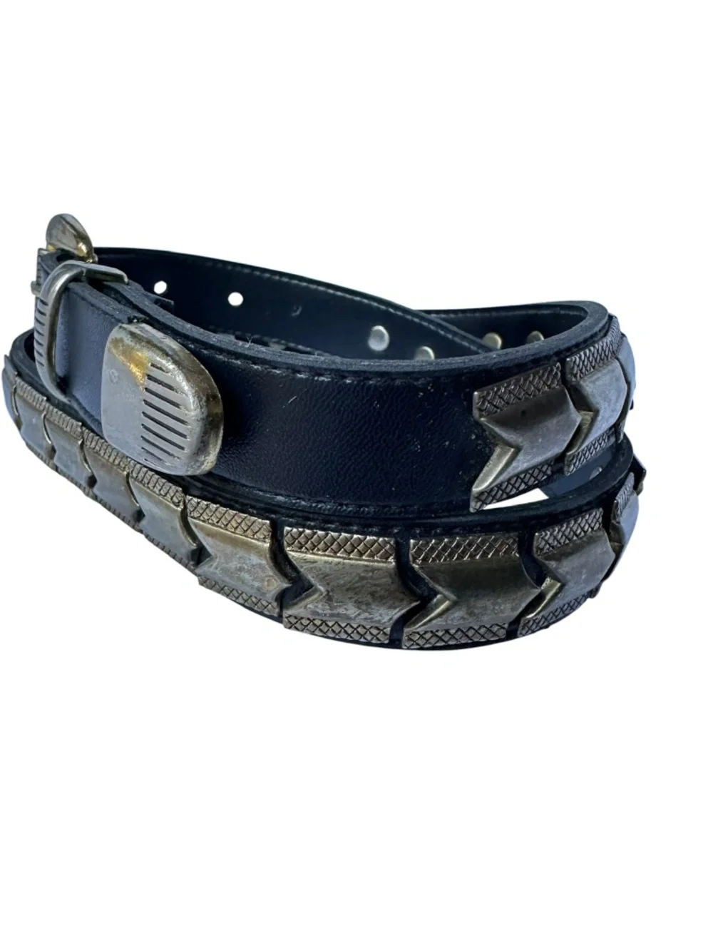 Vintage Black Synthetic Leather & Silver Metal Panels Unisex Belt Size 32 Rock